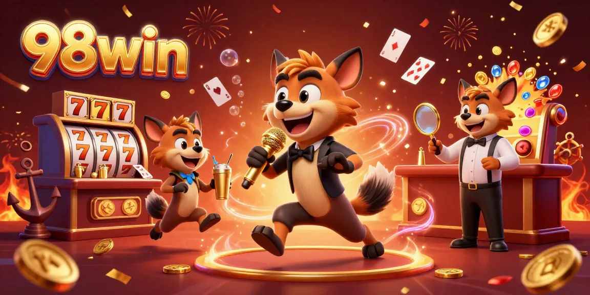 Experience the vibrant 98win casino scene with hyenas in a comedy club, celebrating wins with confetti.