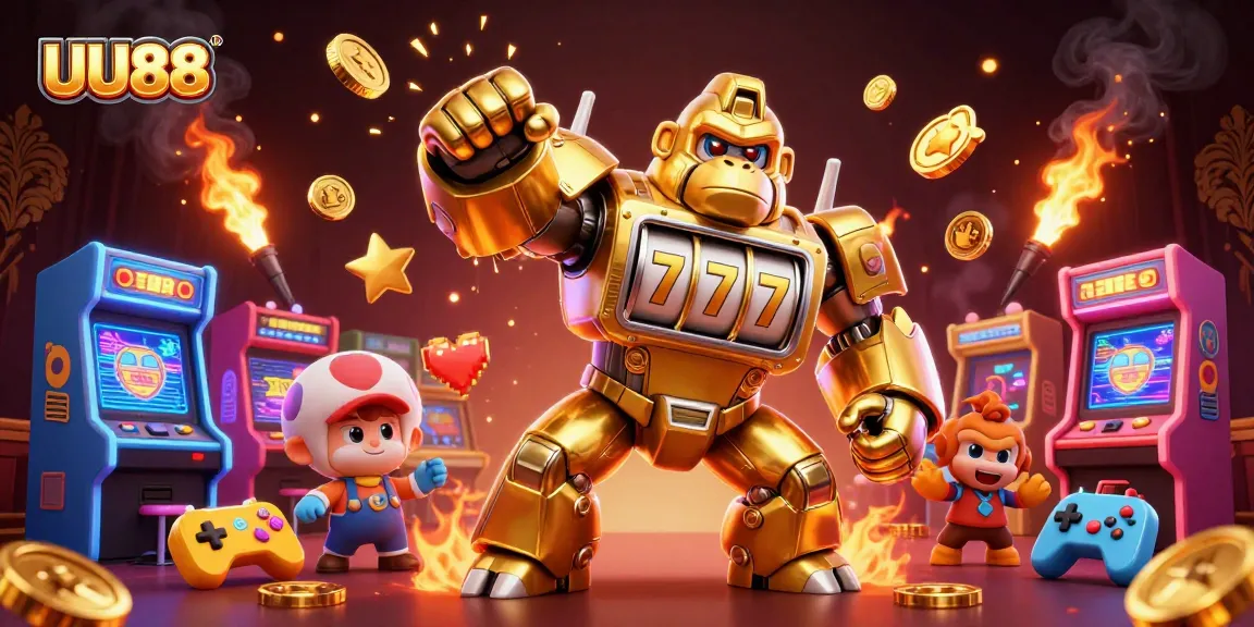 UU88's golden gorilla mech powers up in a vibrant casino world with dynamic rewards.