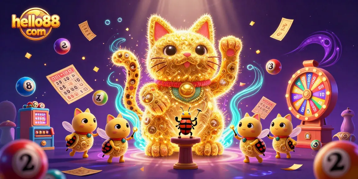 Experience gaming excitement with hello88 com's vibrant lucky cat and colorful lottery elements.