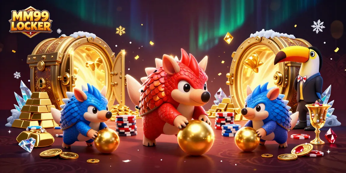 Play and win at MM99 LOCKER with the dynamic pangolins, bustling with treasures in a rich casino scene.