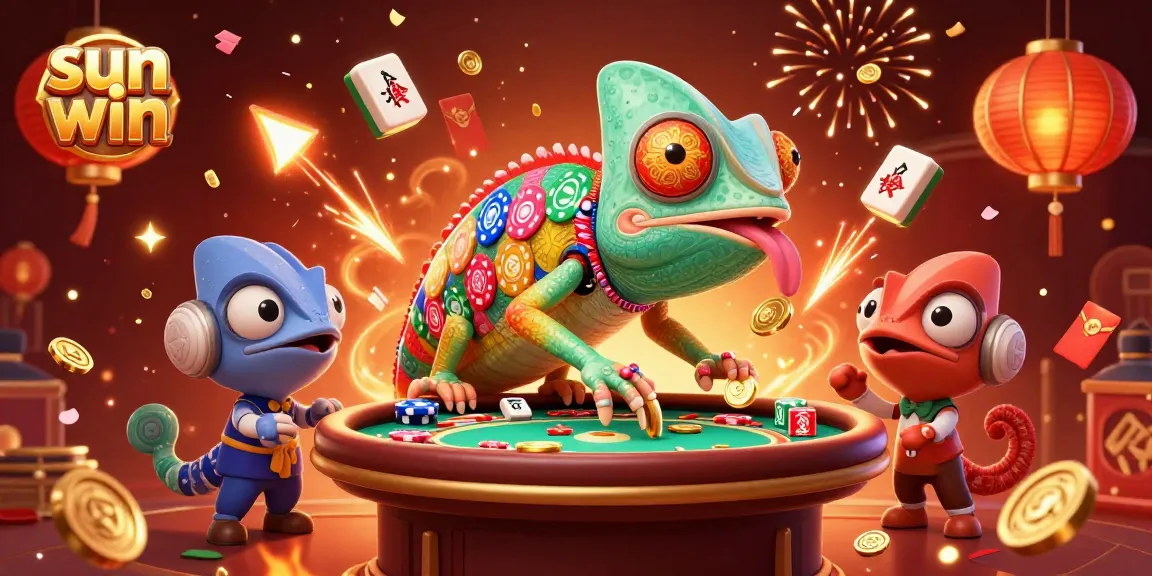 Engage with sun win at the casino with a vibrant 3D illustration featuring a chameleon owner among game elements.