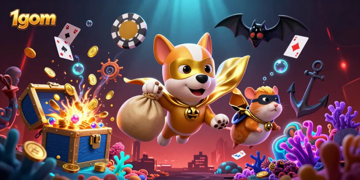 Experience seamless winnings at 1gom with a superhero dog and hamster amidst gold coins and poker symbols.