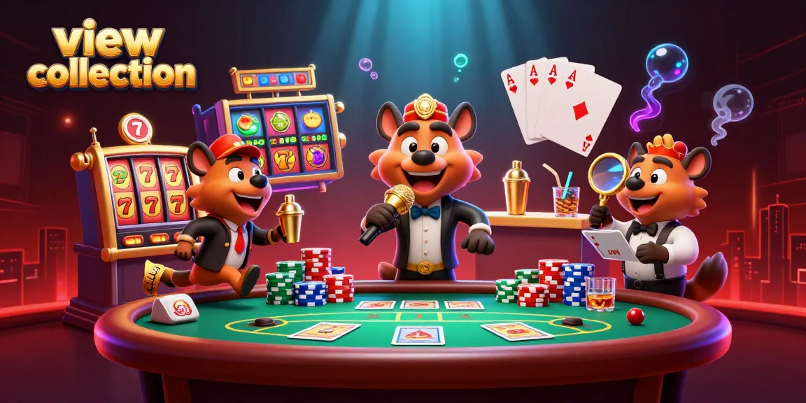 Experience the thrill at a comedy casino club in this view collection illustration with hyenas at play.