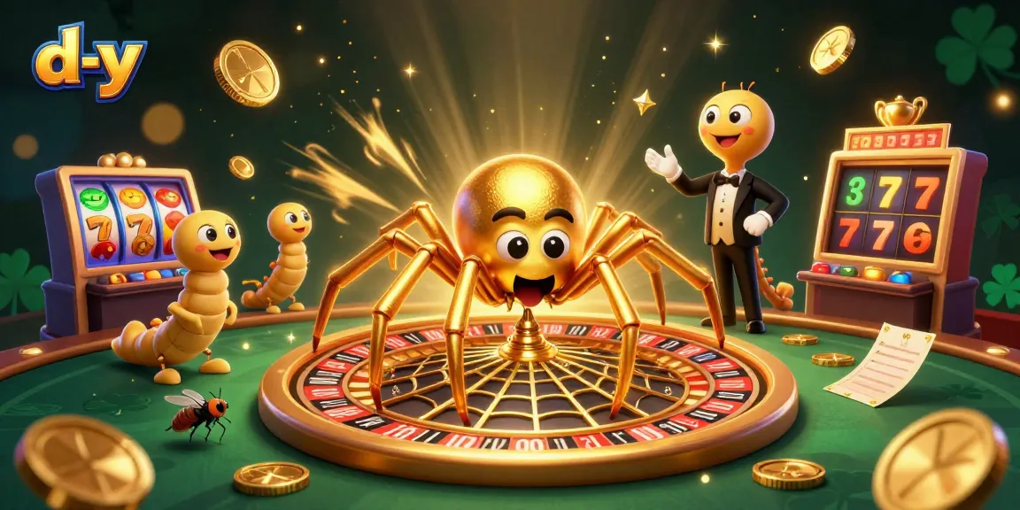 Experience the thrill of d-y casino as a fly places bets on a golden roulette web while witnessing a dynamic scene of slots, trophies, and betting slips.