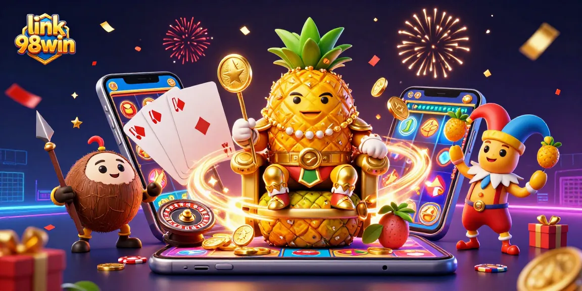 Experience the thrilling gaming action link 98win with our vibrant, colorful casino illustration showcasing exciting game elements.