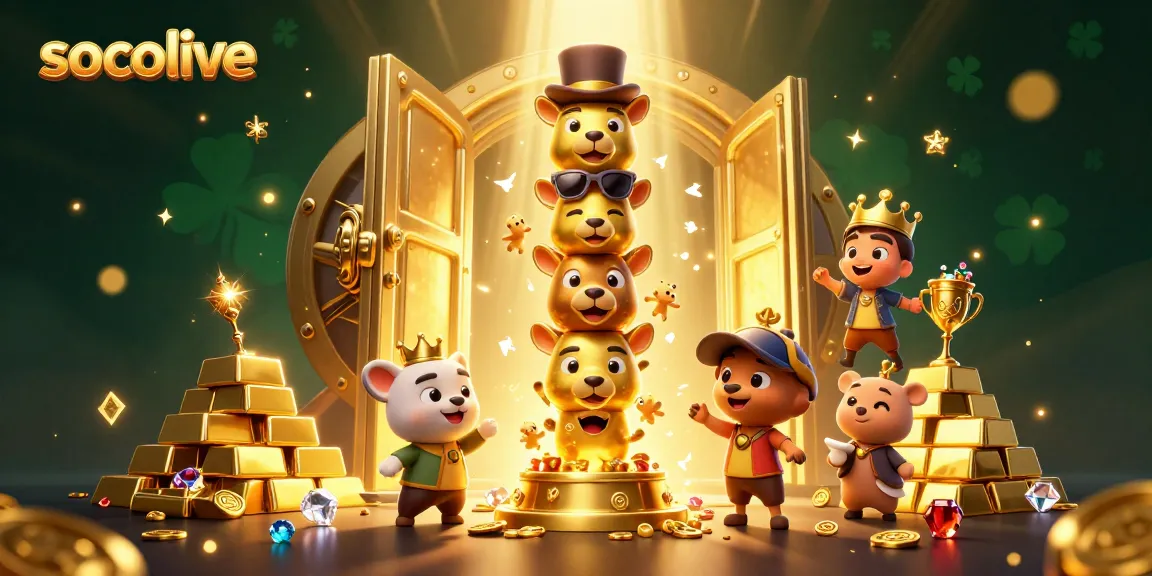 Socolive showcases an elaborate 3D casino scene featuring a golden totem pole amidst dazzling treasures and animated spirits.