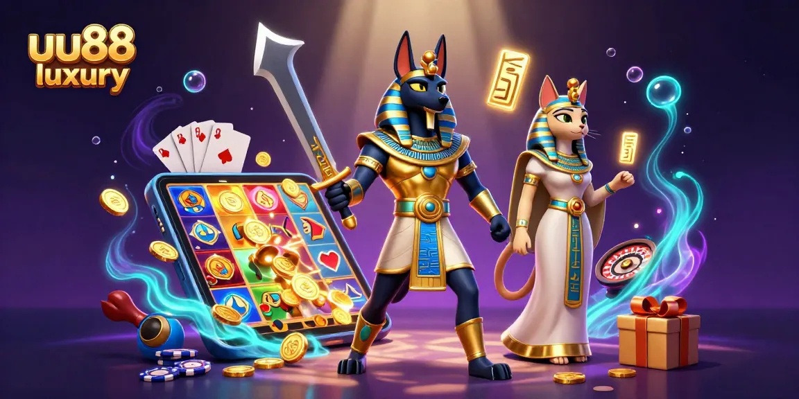 Experience exciting slots at uu88 luxury with 3D Anubis and Bastet in a vibrant casino scene.