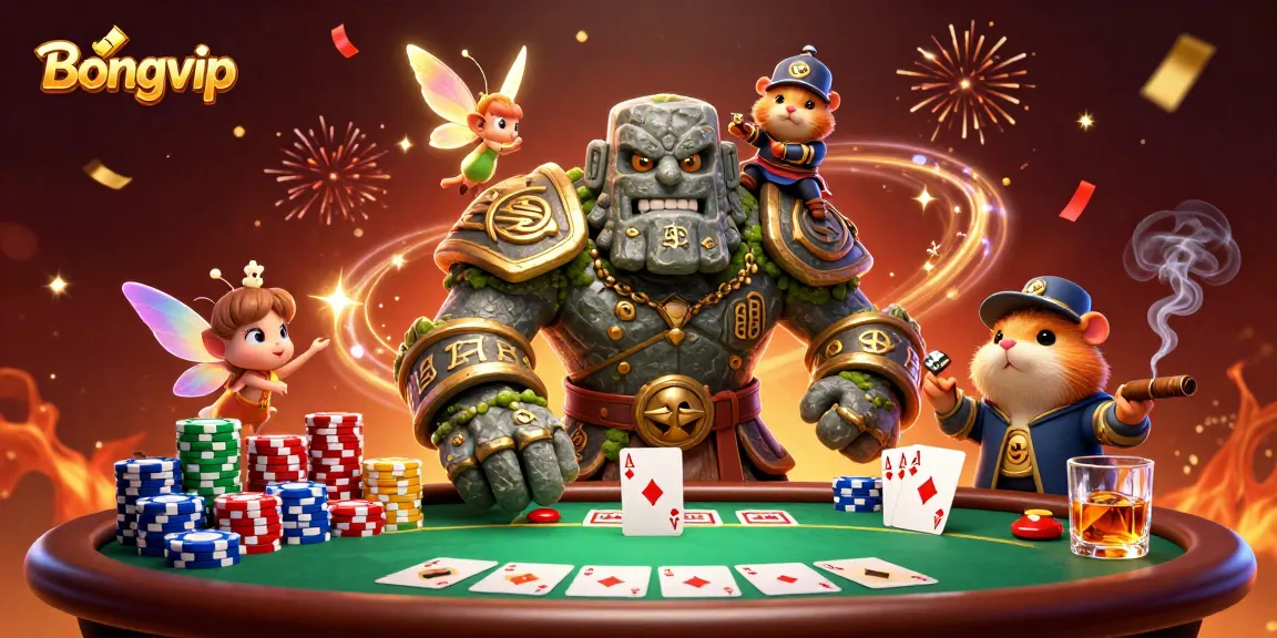 Engage in captivating gaming adventures with Bongvip at a 3D cartoony casino scene featuring magical characters.