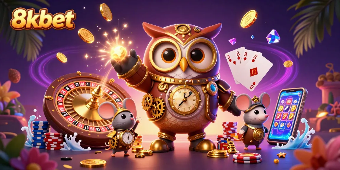 Experience gaming excitement at 8xbet with a whimsical steampunk owl and vibrant casino elements showcasing rich play.