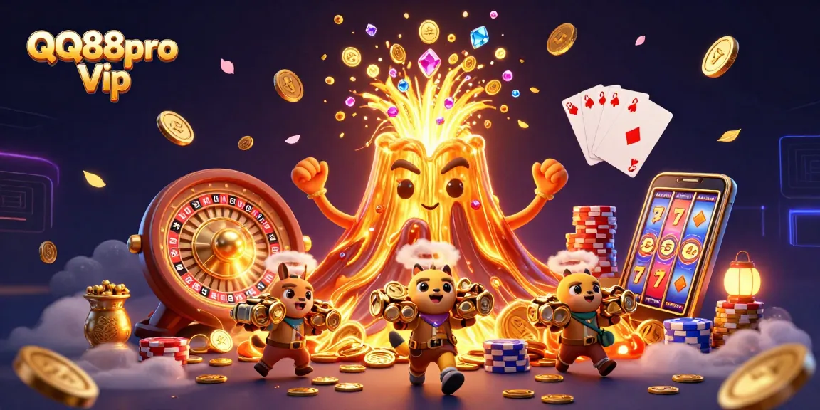 Experience excitement and treasure with QQ88pro Vip, featuring dynamic golden volcano and gaming elements.