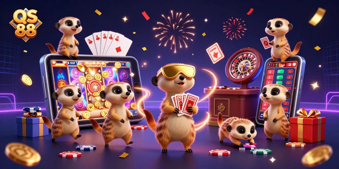 Experience thrilling gameplay at QS 88 with meerkats managing a vibrant casino scene packed with excitement.