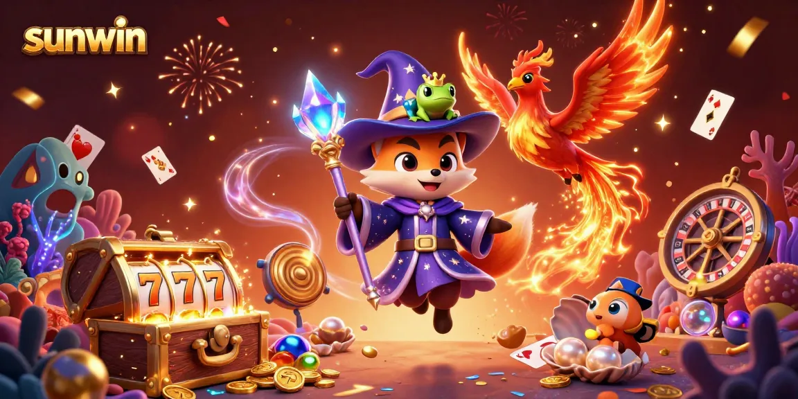 Experience thrilling wins with sunwin in this magical casino scene featuring a wizard fox and phoenix.